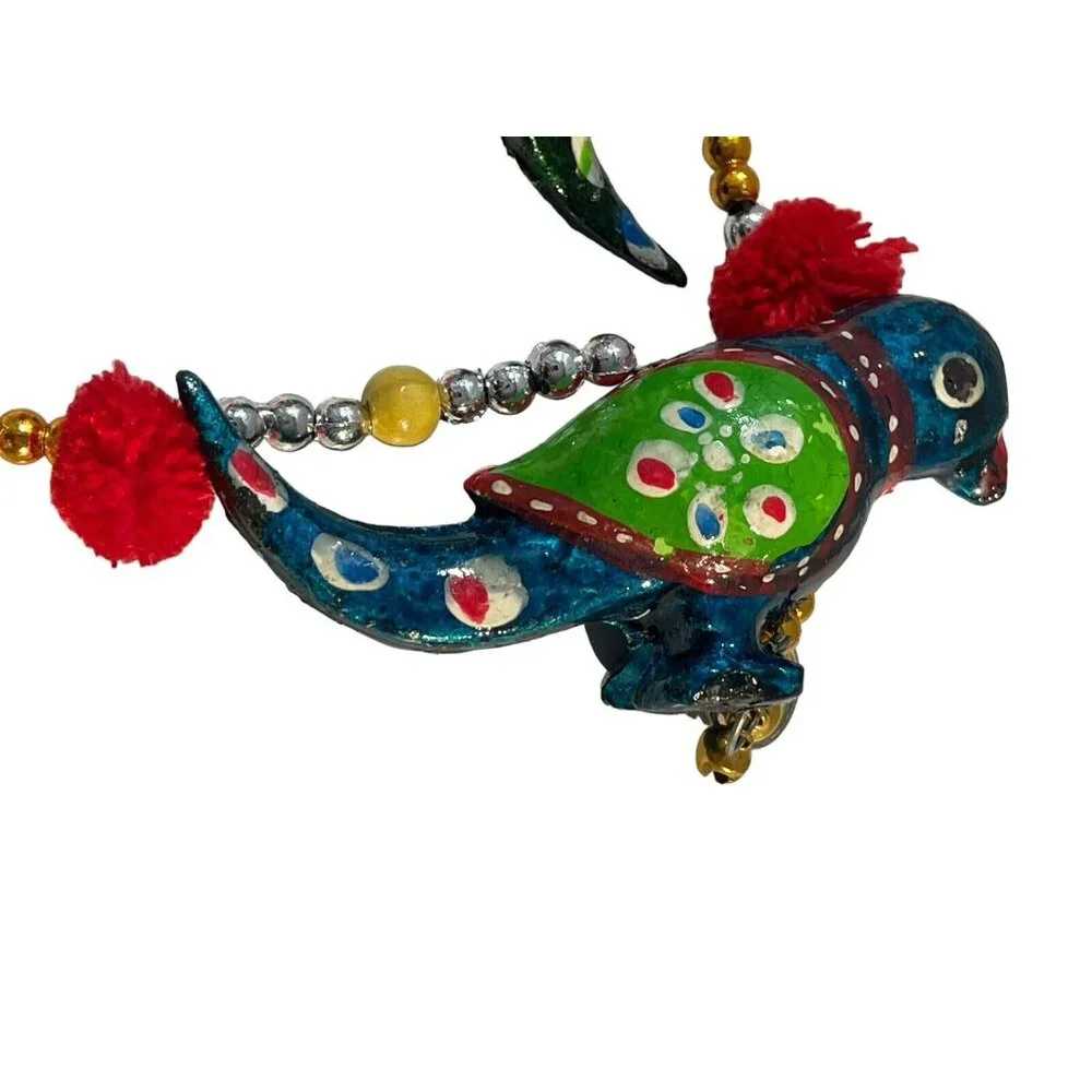 VTG Enameled Birds With Bells Beaded Christmas Garland 2 Strands MCM Colorful‎
